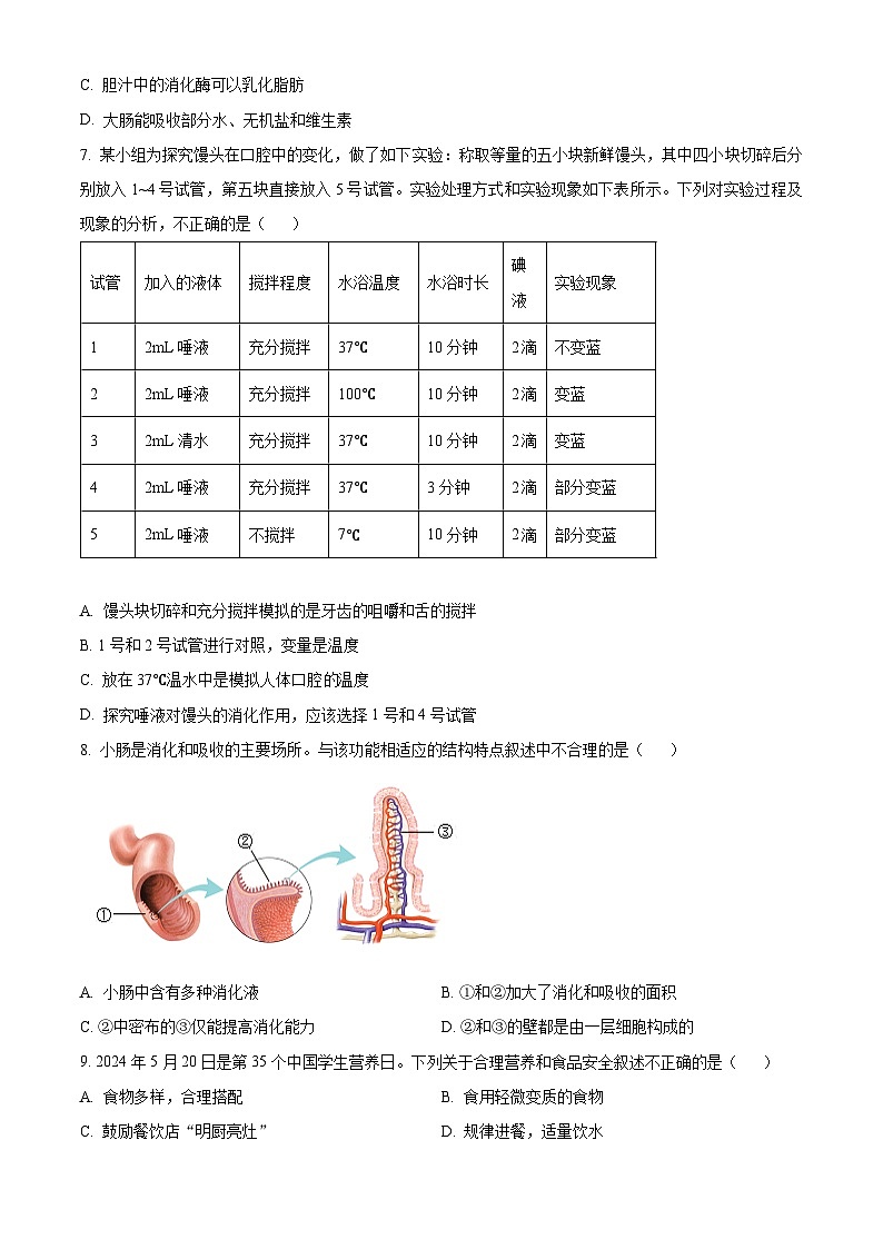 云南省昆明市2023-2024学年七年级下学期7月期末生物试题（原卷版+解析版）02