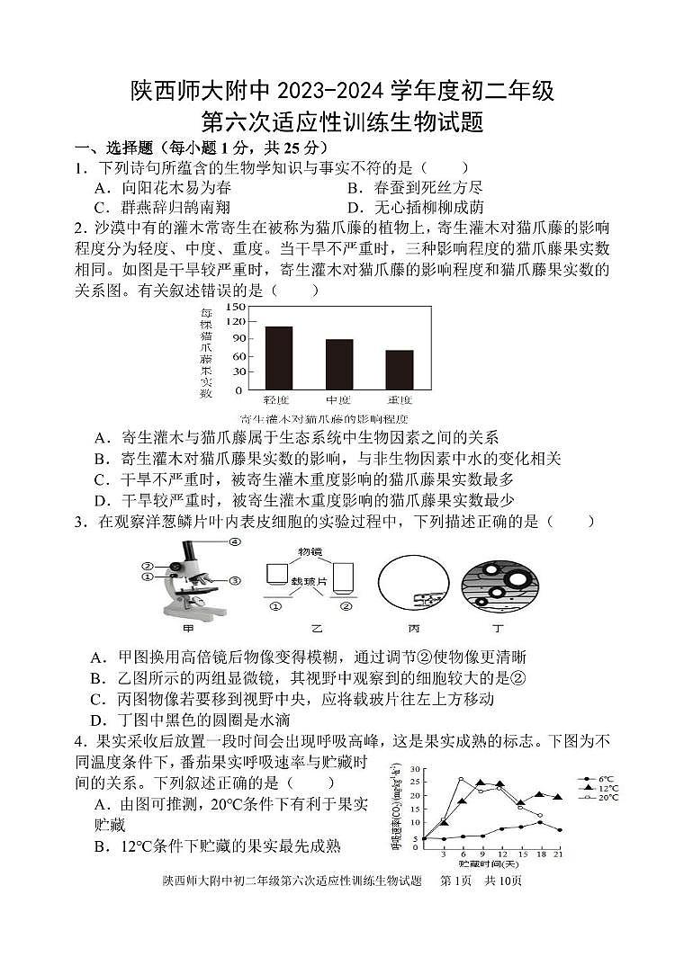 陕西师大附中 2023-2024 学年度初二年级第六次适应性训练生物试题 陕西师大附中 2023-2024 学年度初二年级第六次适应性训练生物试题第1页