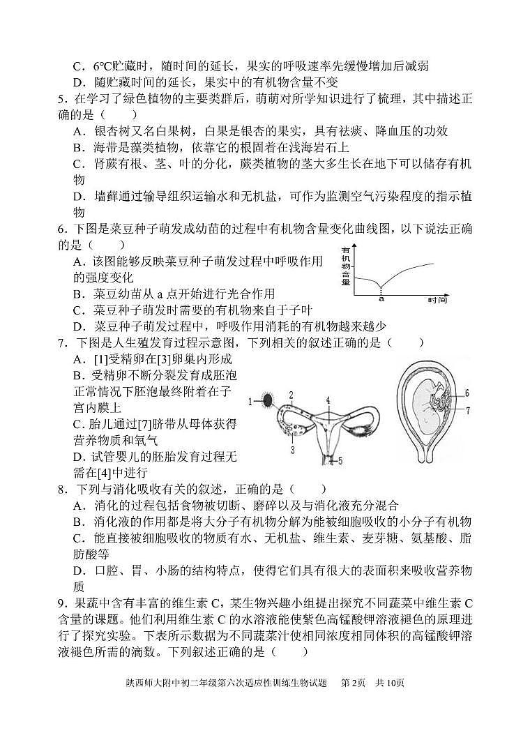 陕西师大附中 2023-2024 学年度初二年级第六次适应性训练生物试题 陕西师大附中 2023-2024 学年度初二年级第六次适应性训练生物试题第2页