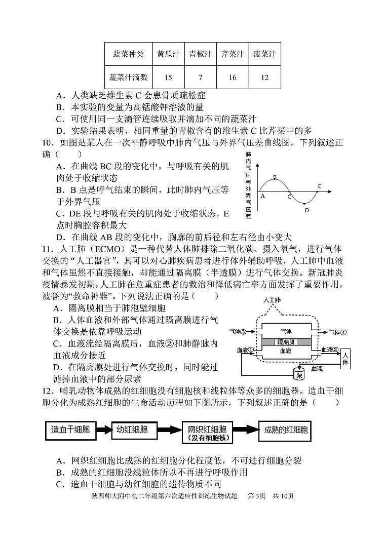 陕西师大附中 2023-2024 学年度初二年级第六次适应性训练生物试题 陕西师大附中 2023-2024 学年度初二年级第六次适应性训练生物试题第3页