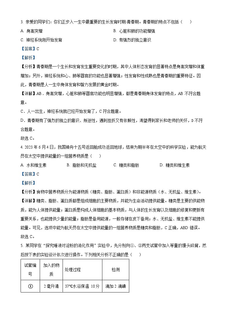 吉林省长春市高新区2023-2024学年七年级下学期期末考试生物试题（解析版）第2页