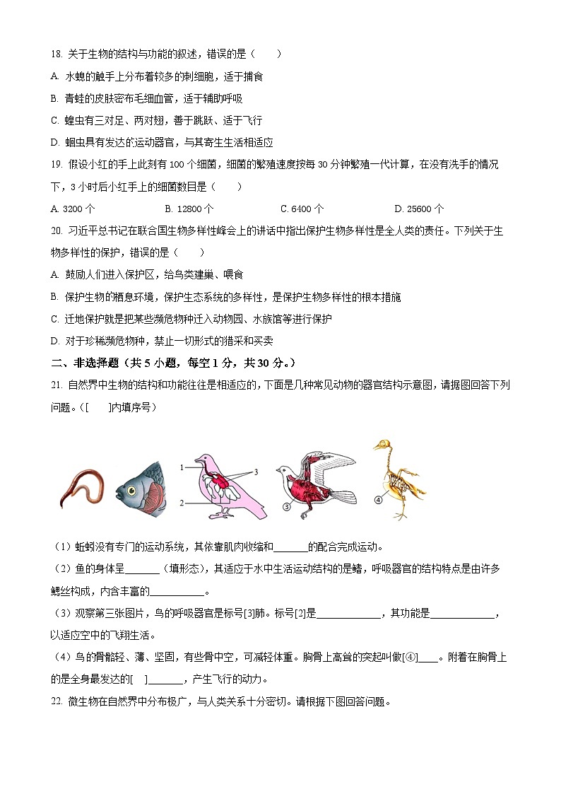 河南省信阳市罗山县2023-2024学年八年级上学期期末生物学试题（原卷版）第3页