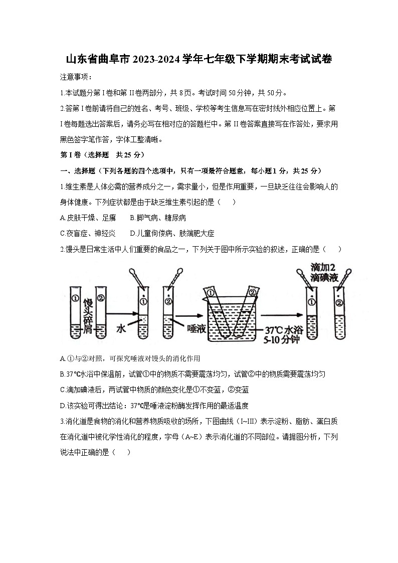 [生物][期末]山东省曲阜市2023-2024学年七年级下学期期末考试试卷01