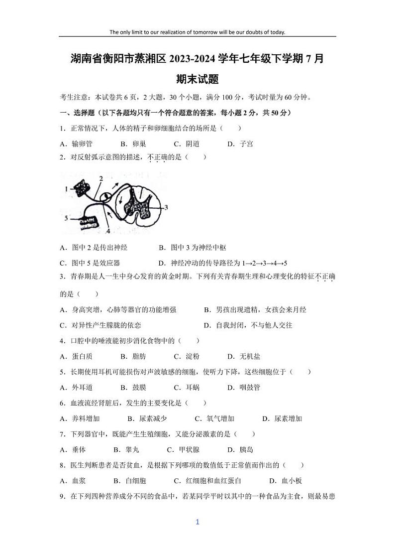 [生物][期末]湖南省衡阳市蒸湘区2023-2024学年七年级下学期7月期末试题01