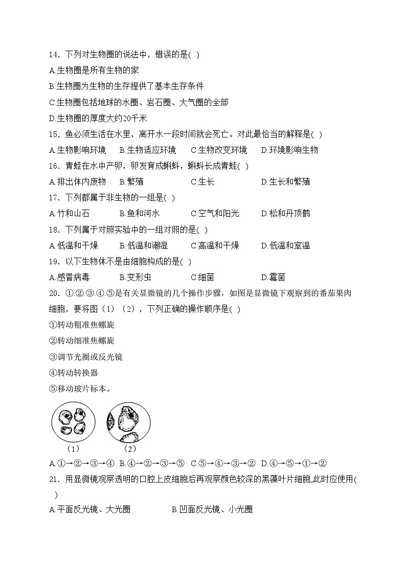 宁津县第四实验中学2023-2024学年七年级上学期10月月考生物试卷(含答案)03