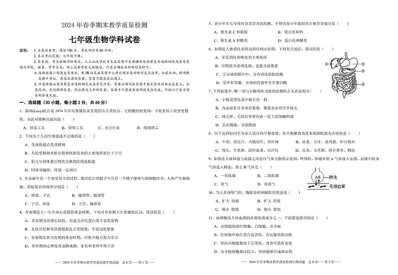 广东省河源地区2023-2024学年七年级下学期期末考试生物试题01
