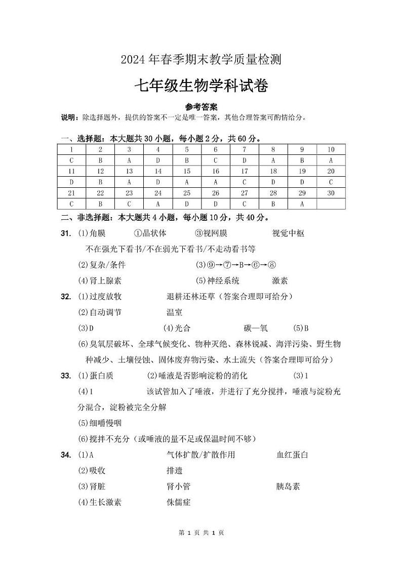 广东省河源地区2023-2024学年七年级下学期期末考试生物试题01
