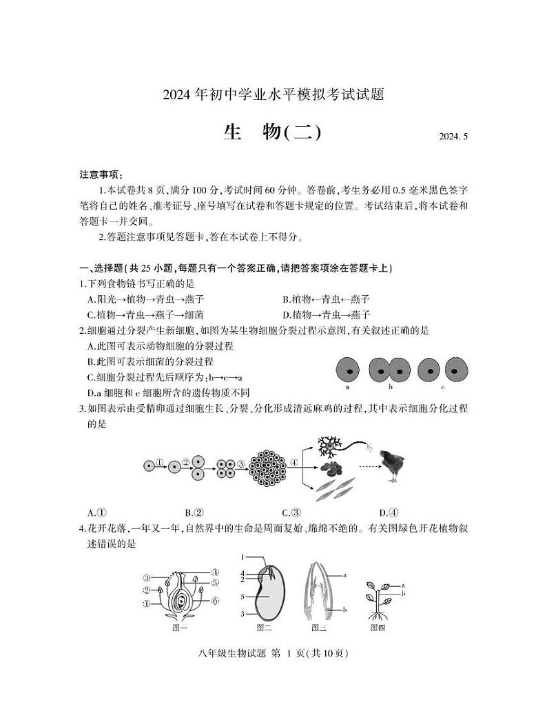 2024年山东省临沂市费县中考二模生物试题01
