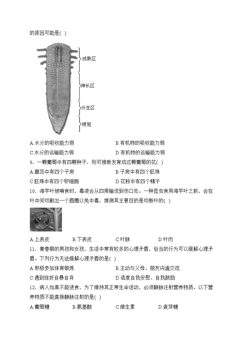 湖南省长沙市天心区2023-2024学年八年级上学期开学考试生物试卷(含答案)02