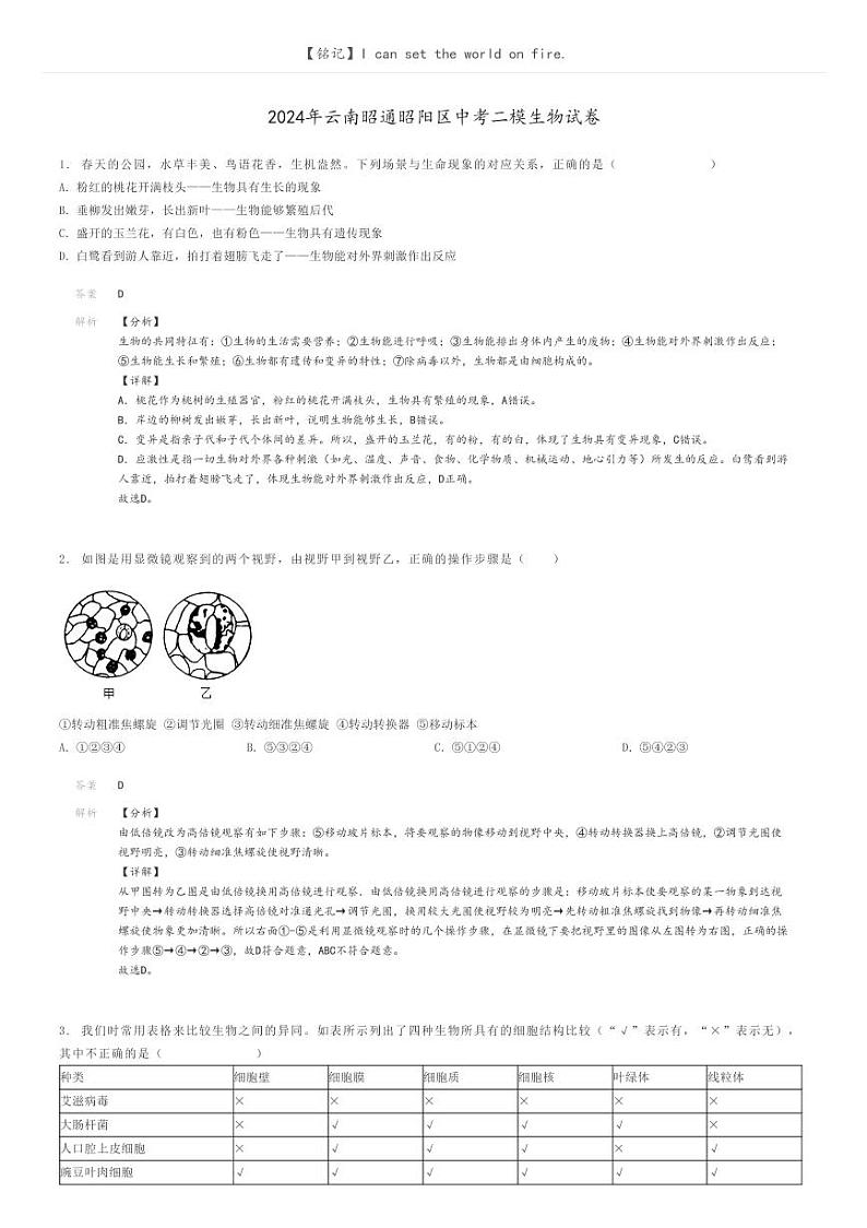 [生物][二模]2024年云南昭通昭阳区中考二模生物试卷(原题版+解析版)01