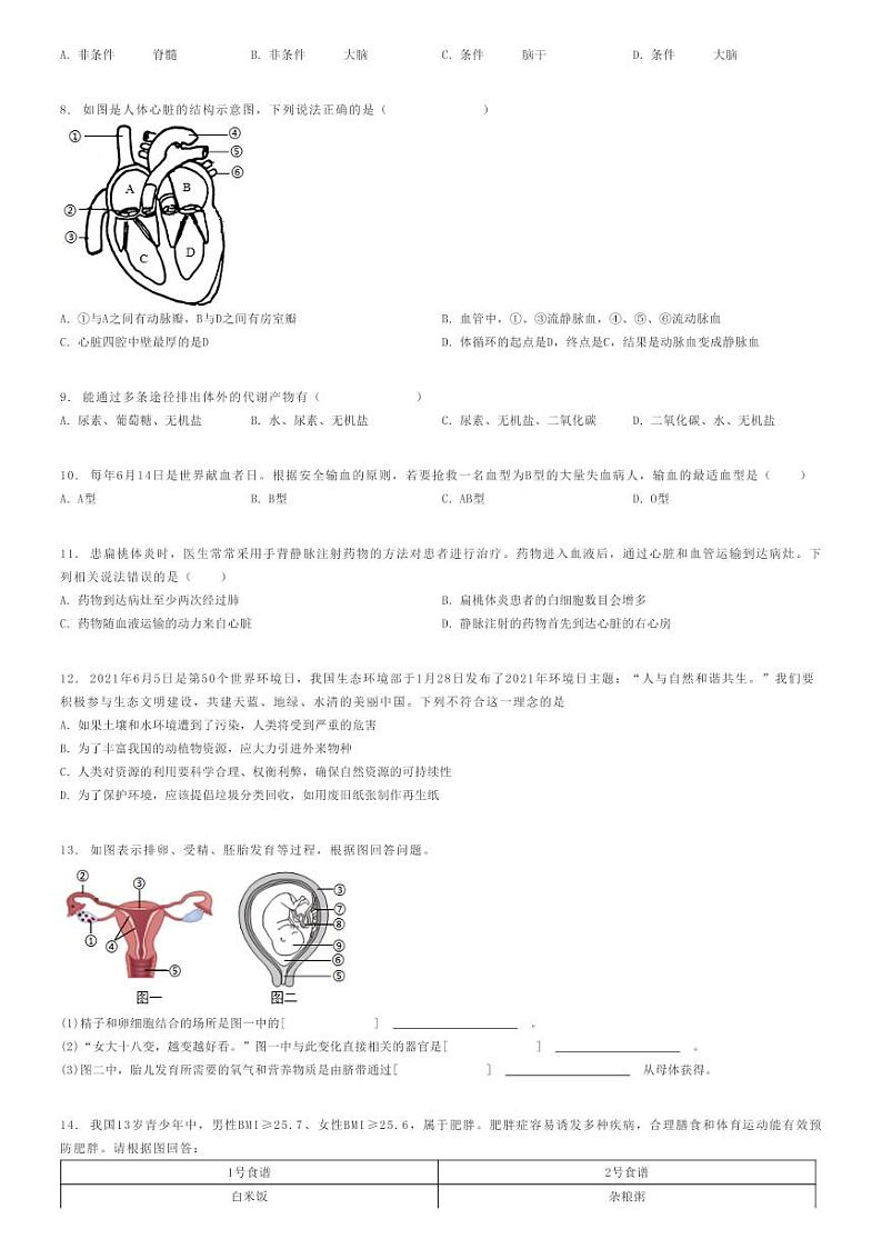 [生物]2023～2024学年辽宁阜新海州区阜新市实验中学初一下学期期末生物试卷原题版第2页