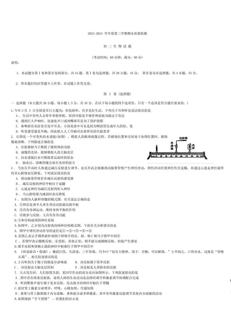 [生物][期末]山东省青岛莱西市(五四制)2023～2024学年七年级下学期期末考试生物试题(有答案)第1页