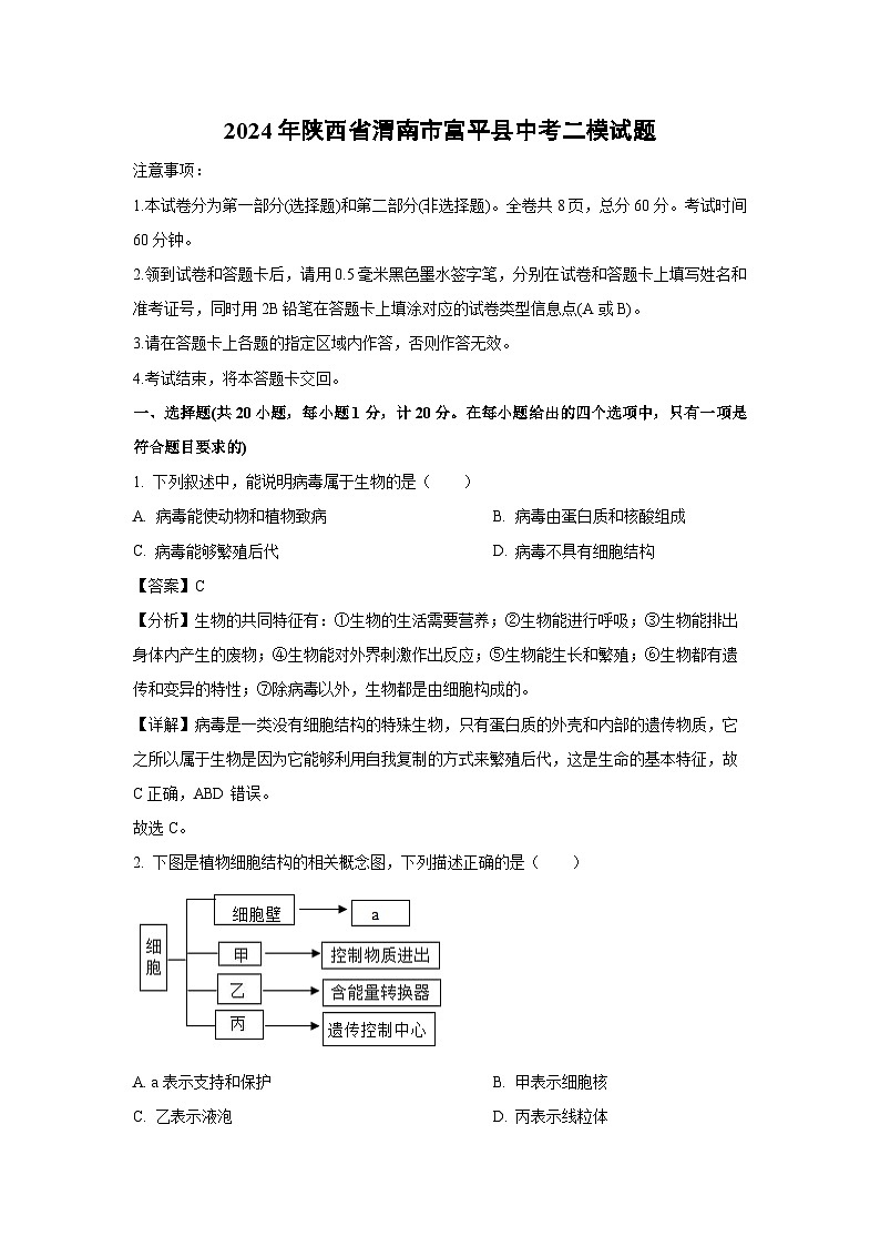 [生物][二模]2024年陕西省渭南市富平县中考试题(解析版)01