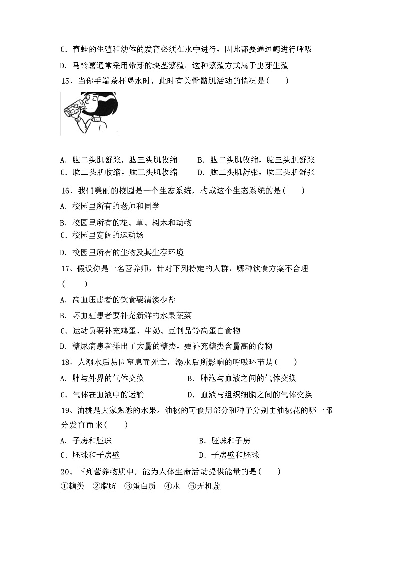 人教版八年级生物(下册)期中试卷及答案第3页