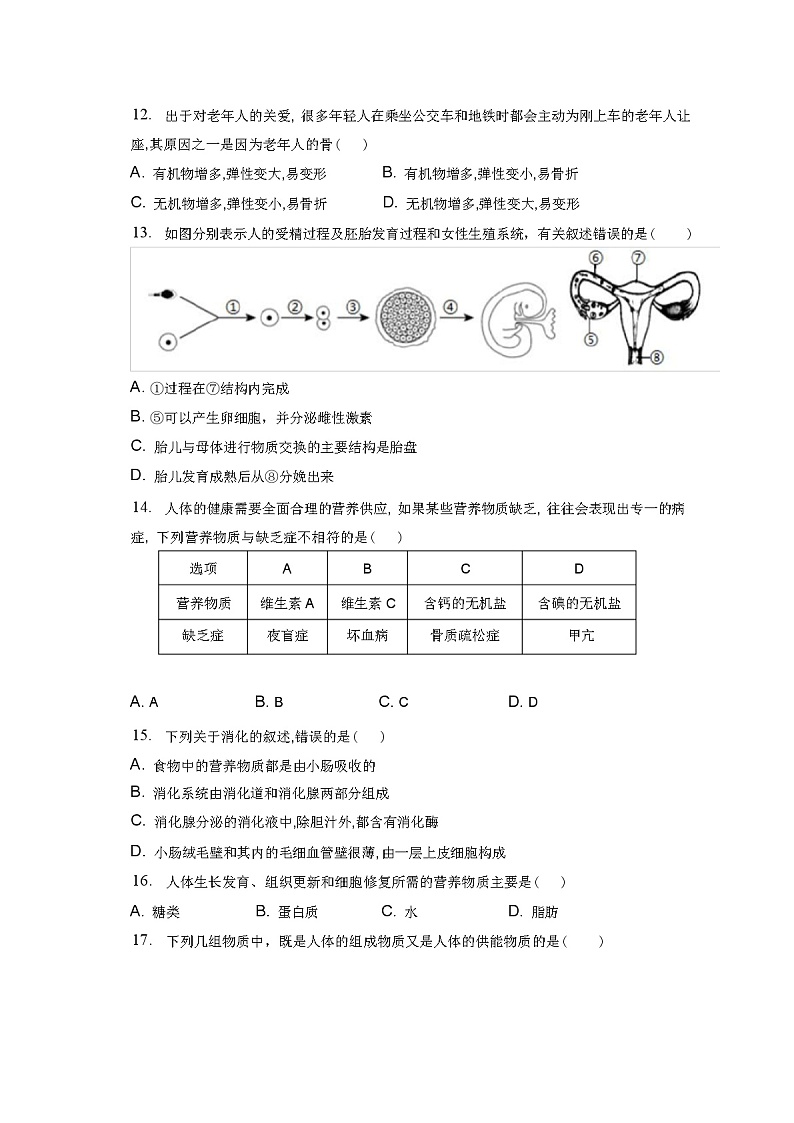 人教版七年级生物下学期期中试卷(含答案)第3页