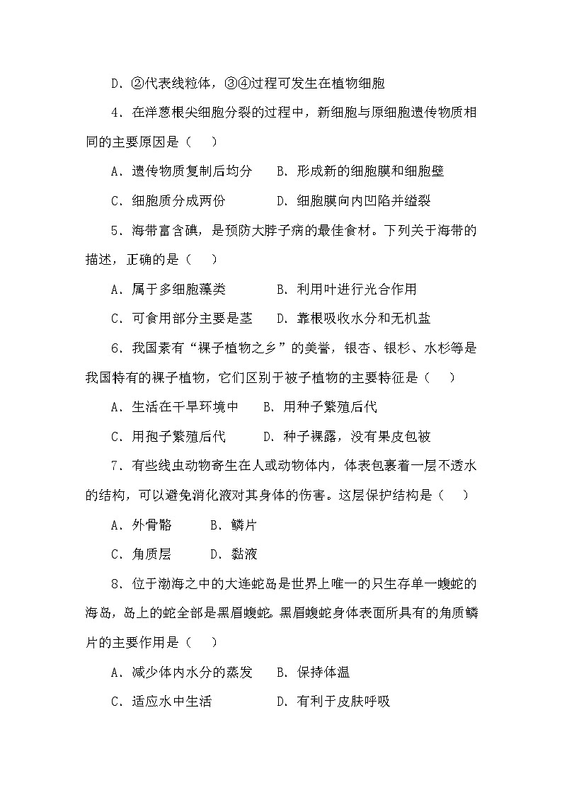 2024-2025学年冀少版生物七年级上册期末质量评价(一)+02