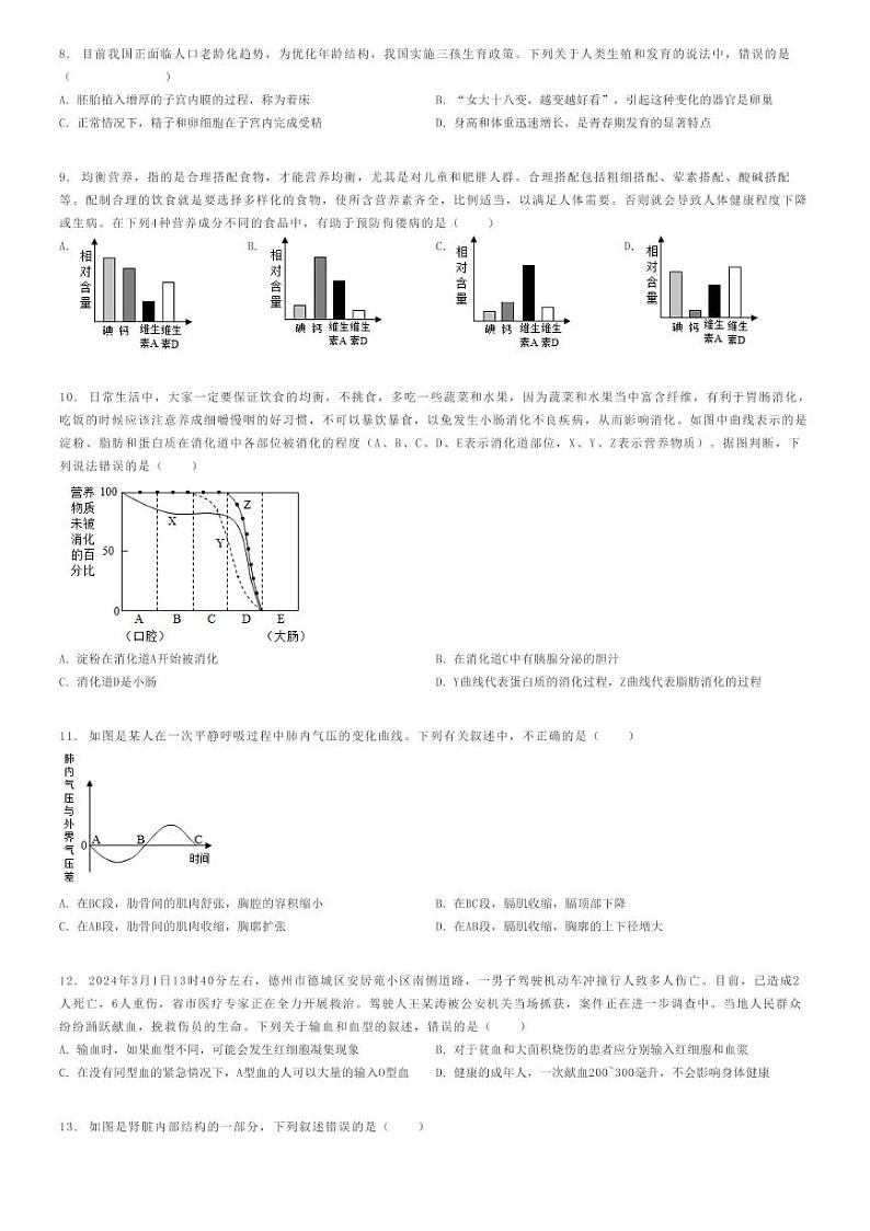 [生物][二模]2024年山东临沂沂水县初三中考二模生物试卷(原题版+解析版)02