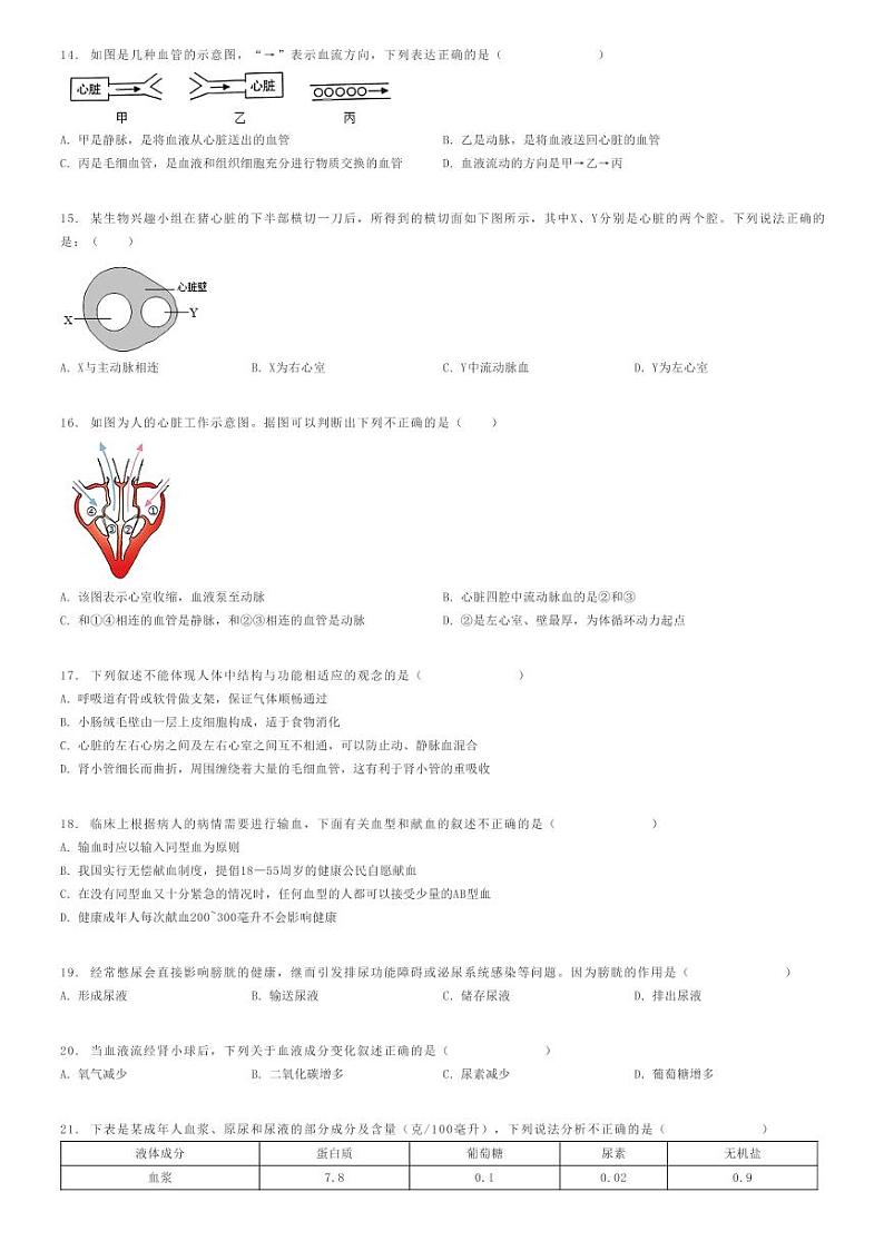 [生物]2023～2024学年广东东莞市初一下学期月考生物试卷第二次月考原题版第3页