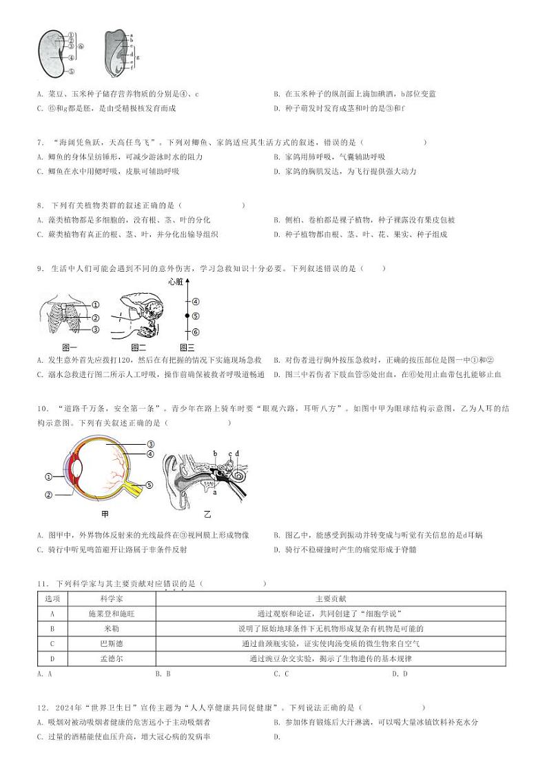 [生物][一模]2024年江苏连云港赣榆区初二中考一模生物试卷(原题版+解析版)02