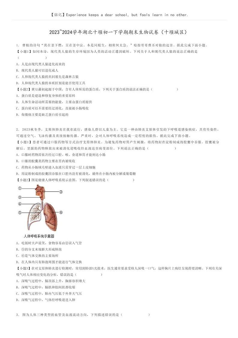 [生物]2023～2024学年湖北十堰初一下学期期末生物试卷(十堰城区)(原题版+解析版)01