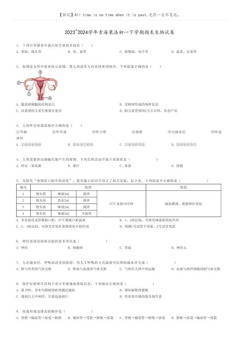[生物]2023～2024学年青海果洛初一下学期期末生物试卷原题版第1页