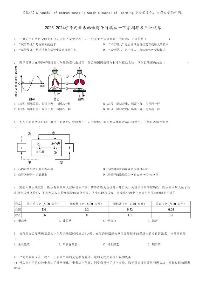 [生物]2023～2024学年内蒙古赤峰翁牛特旗初一下学期期末生物试卷原题版第1页