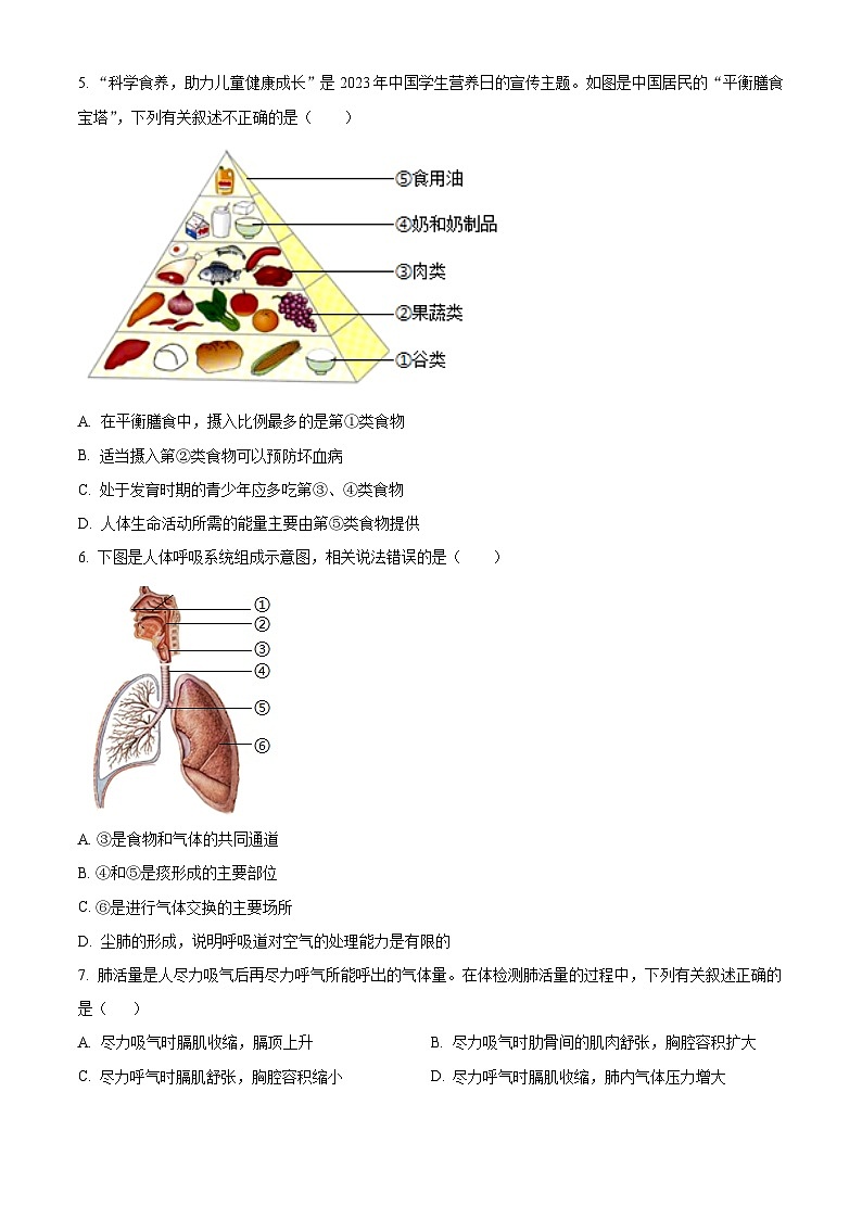 河南省南阳市社旗县2023-2024学年七年级下学期期末生物学试题（原卷版+解析版）02
