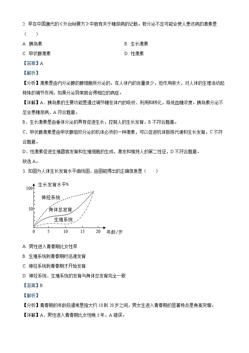 江苏省盐城市盐都区2023-2024学年七年级下学期期末生物试题（解析版）第2页