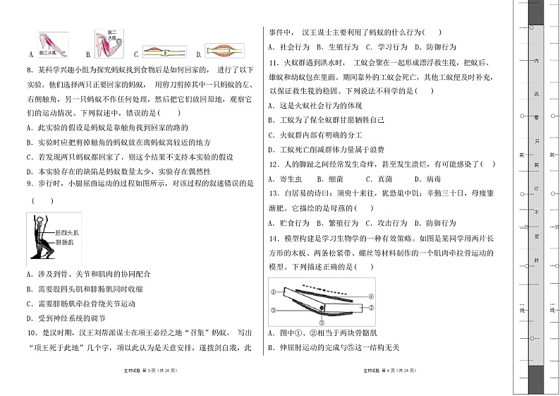 人教版2023--2024学年度第一学期八年级生物上册期中测试卷（解析版）02