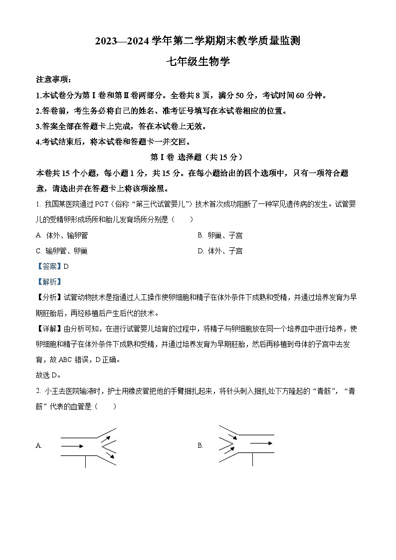 山西省侯马市2023-2024学年七年级下学期期末生物学试题（原卷版+解析版）01
