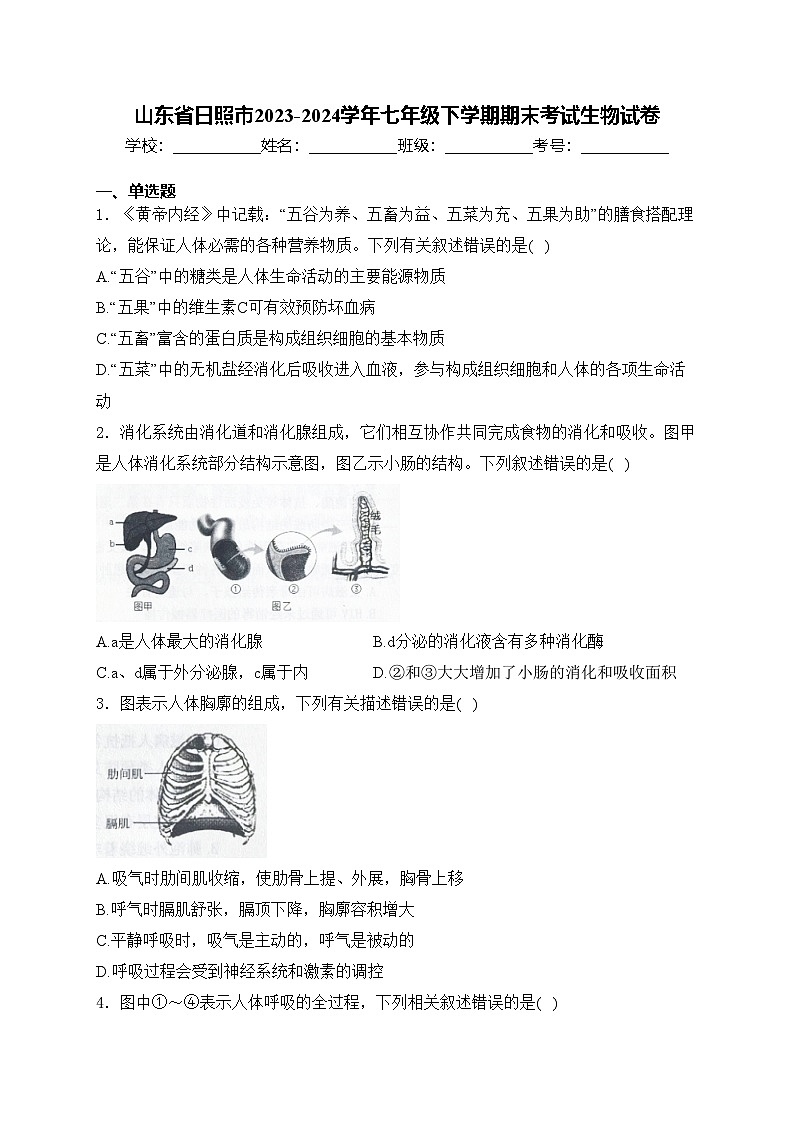 山东省日照市2023-2024学年七年级下学期期末考试生物试卷(含答案)第1页