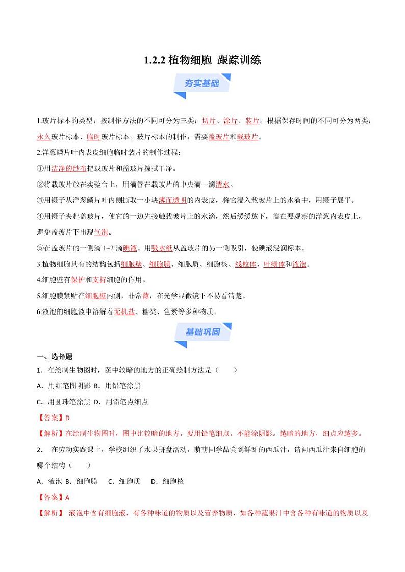1.2.2 植物细胞（跟踪训练）（含答案） 2024-2025学年七年级生物上学期同步课件+分层练（2024人教版）01