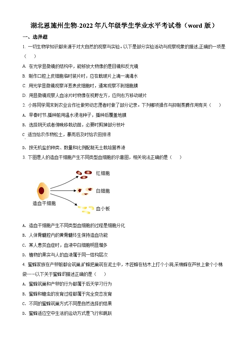 [生物]2022年湖北省恩施州中考真题生物试卷(原题版+解析版)01