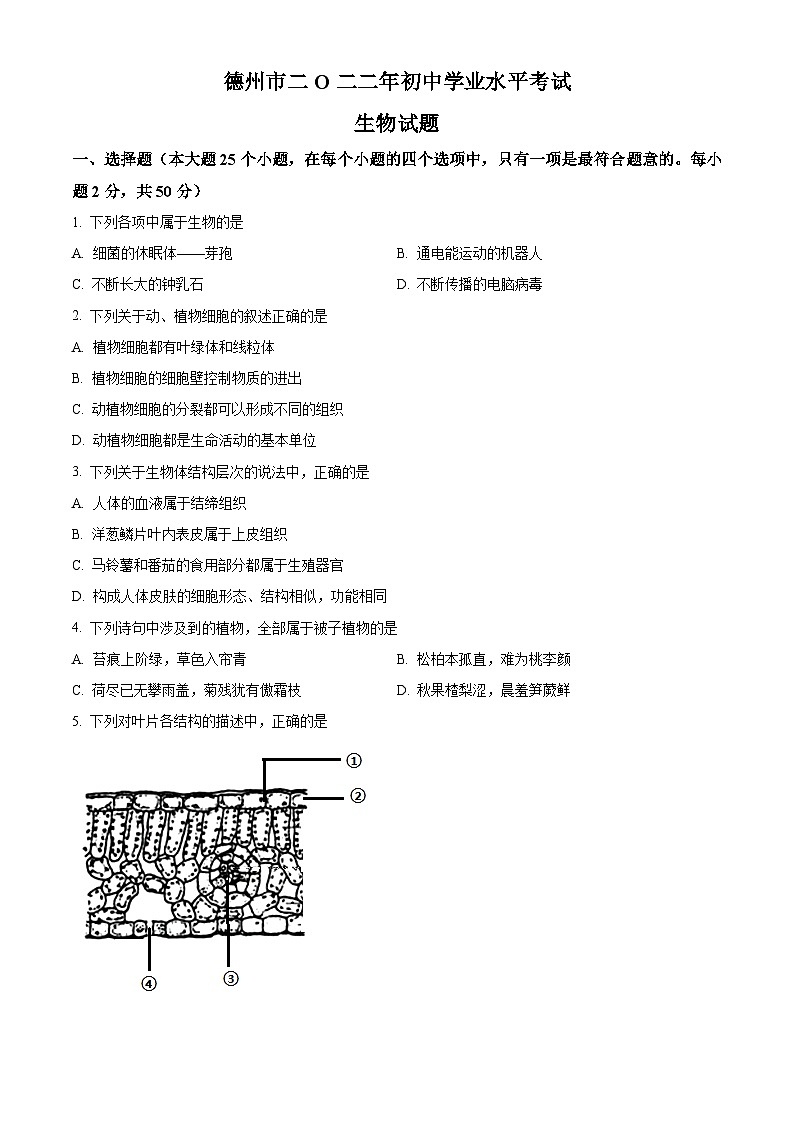 [生物]2022年山东省德州市中考真题生物试卷(原题版+解析版)01