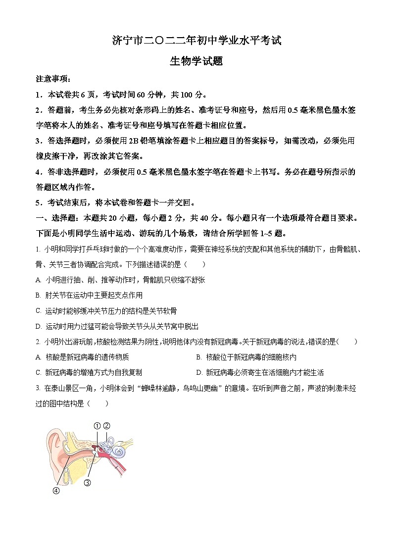 [生物]2022年山东省济宁市中考真题试卷(原题版+解析版)01