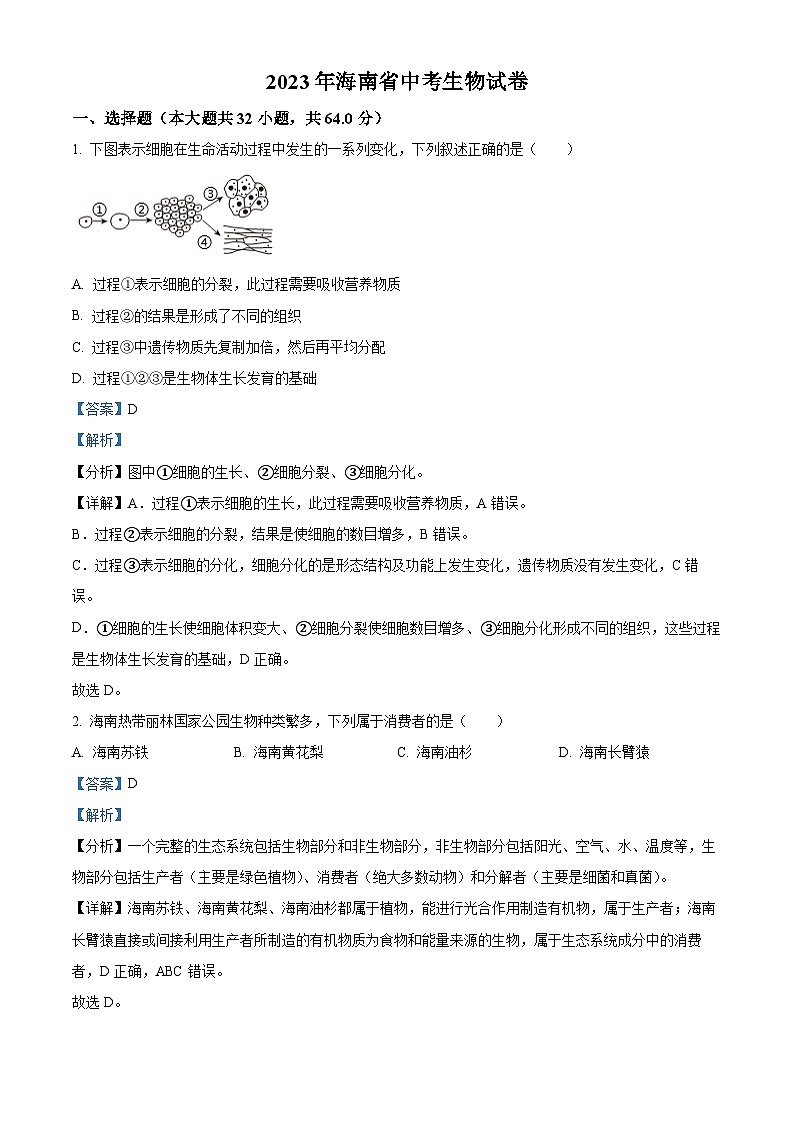 [生物]2023年海南省中考真题生物试卷(原题版+解析版)01