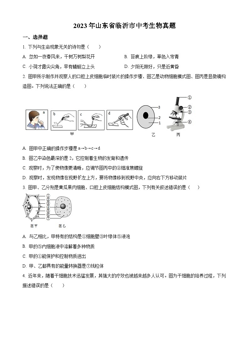 [生物]2023年山东省临沂市中考真题生物试卷(原题版+解析版)01
