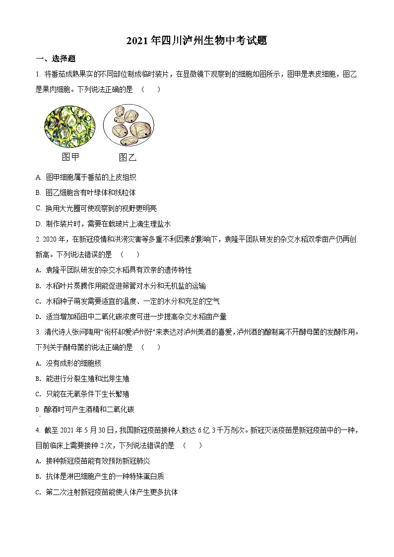 [生物]四川泸州2021年中考真题生物试题试卷(原题版+解析版)01
