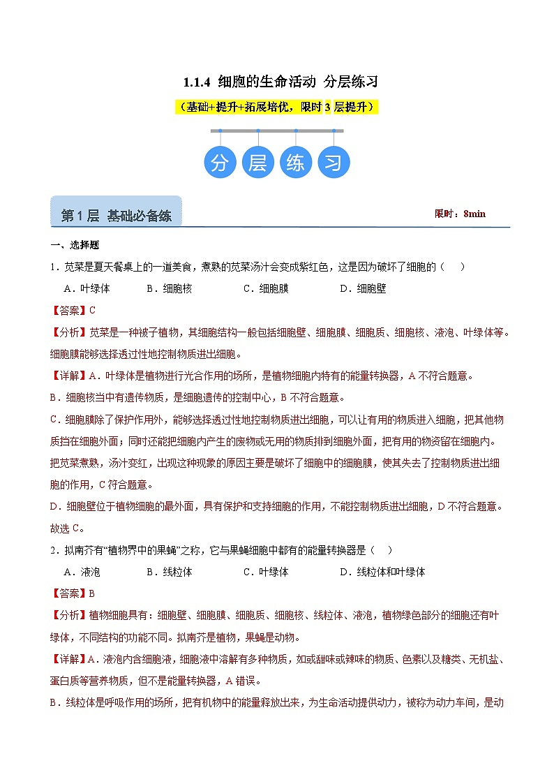 【核心素养】晋少版（2024）生物七年级上册 1.1.4  细胞的生命活动（分层练习）（解析版）第1页