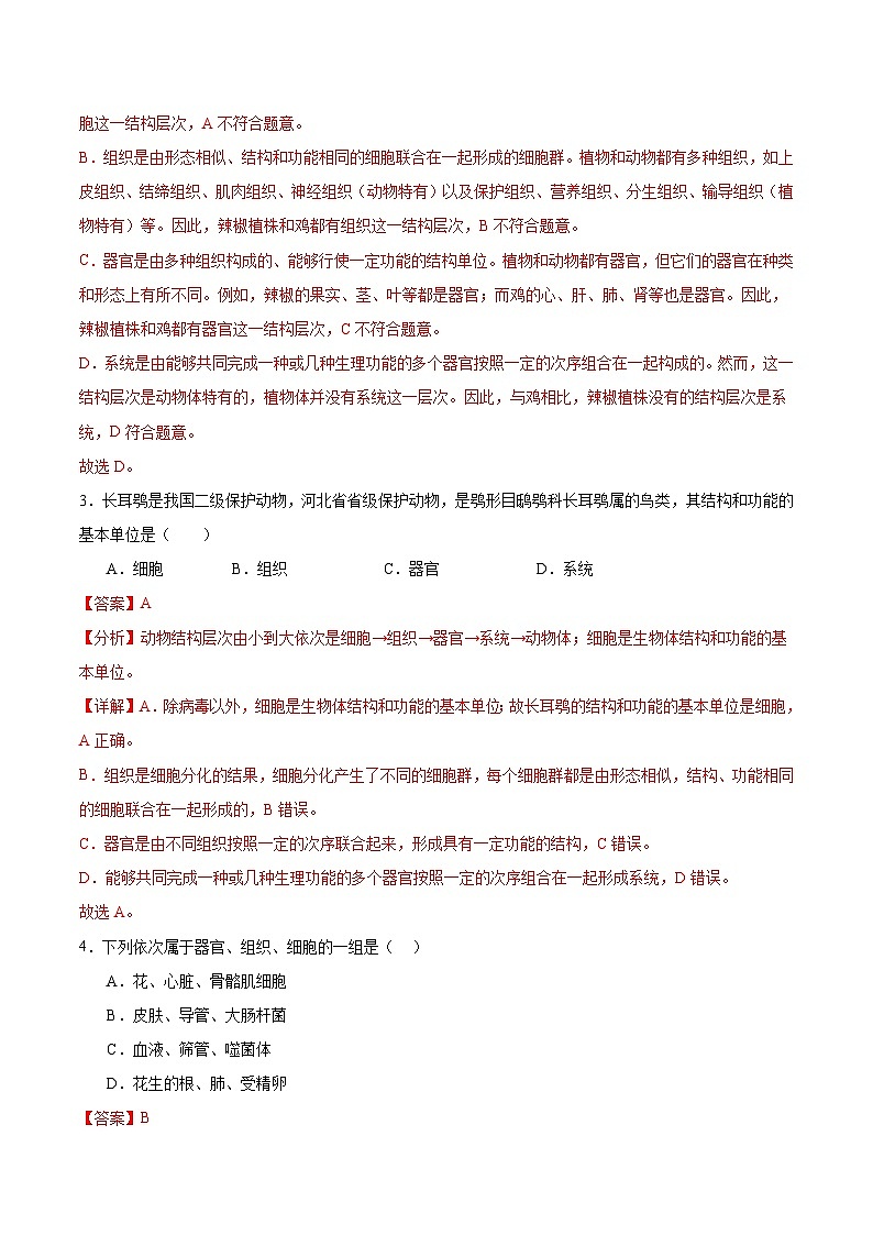 【核心素养】冀少版（2024）生物七年级上册 1.2.3 器官和系统 同步课件+同步练习02