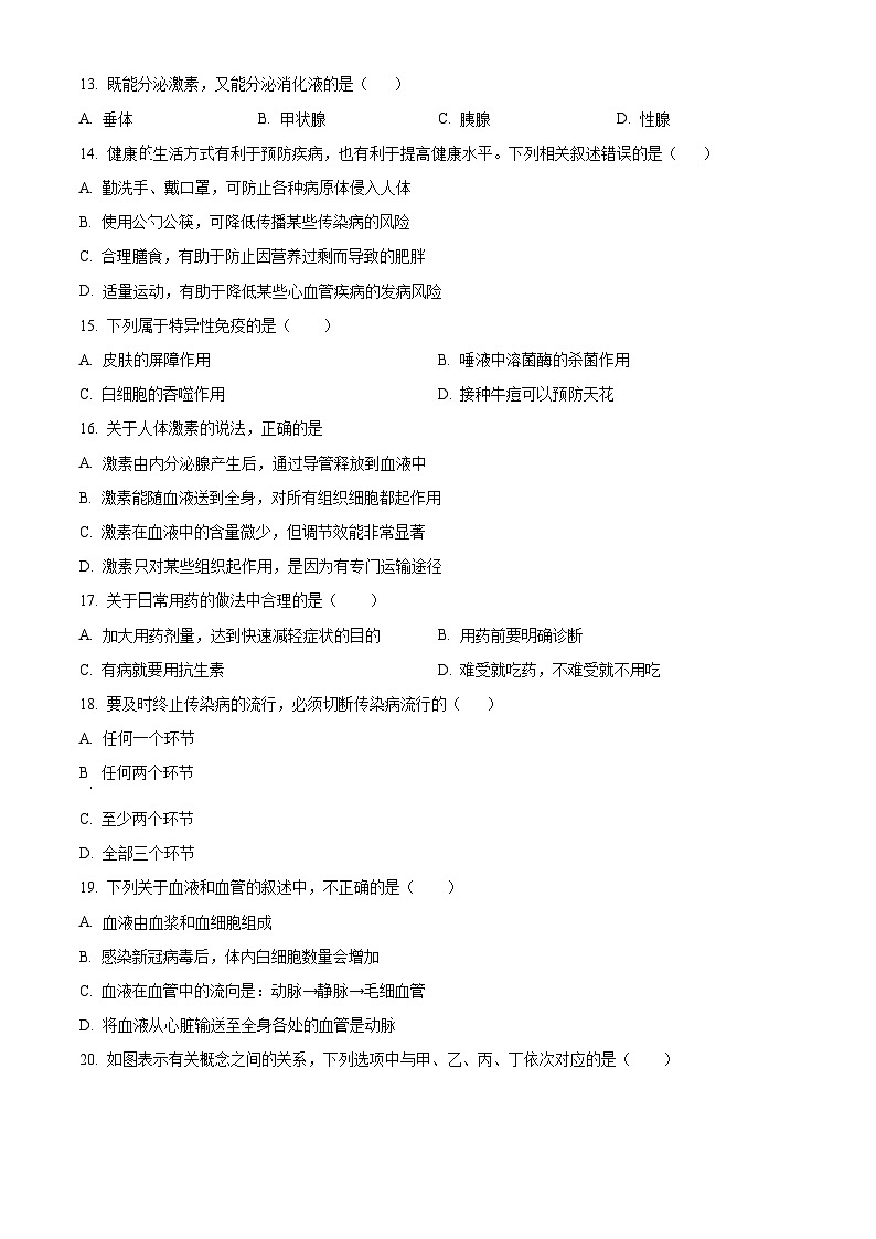 安徽省宿州市萧县2023-2024学年七年级下学期期末生物学试题（原卷版）第3页
