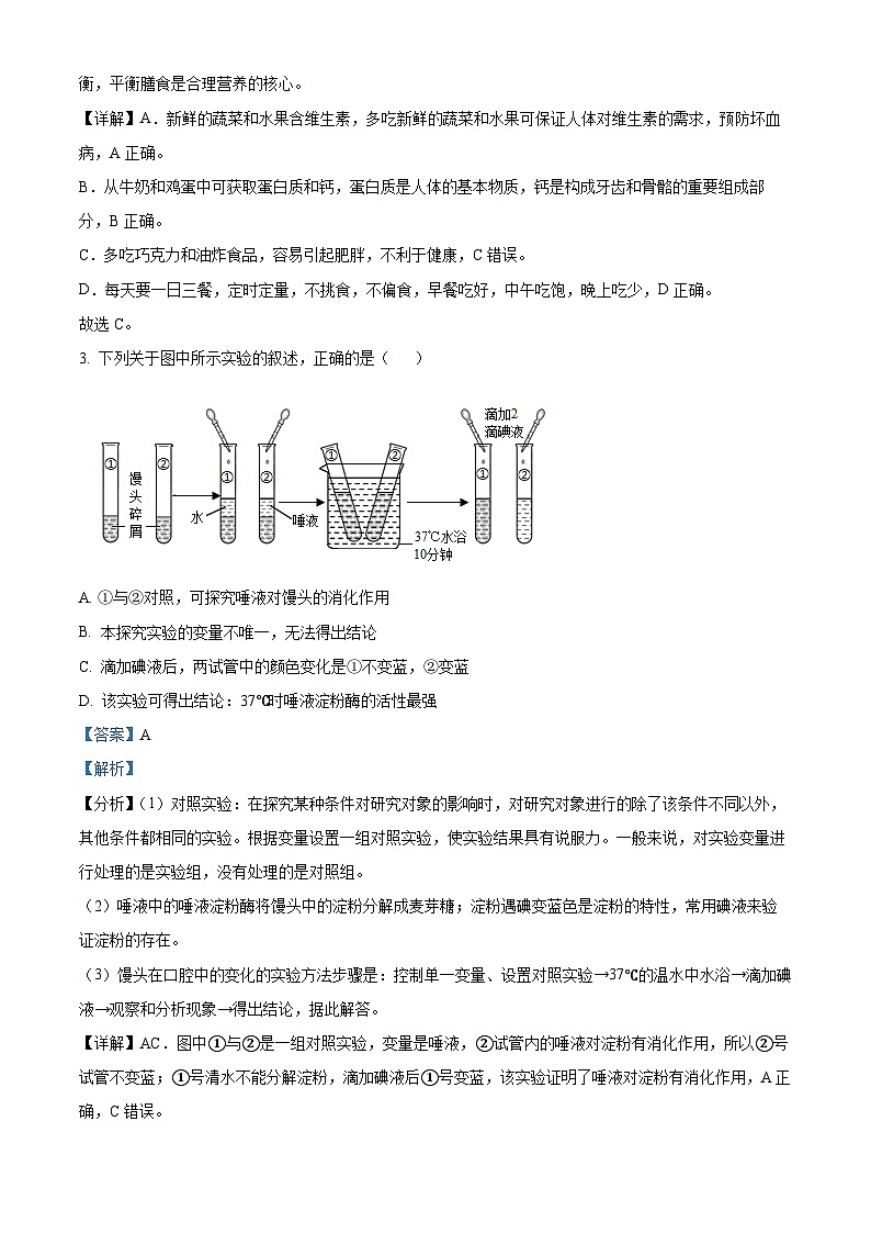山东省济南市历下区2023-2024学年七年级下学期期末生物学试题（原卷版+解析版）02
