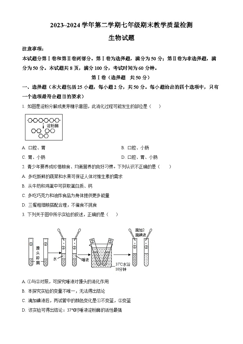 山东省济南市历下区2023-2024学年七年级下学期期末生物学试题（原卷版+解析版）01