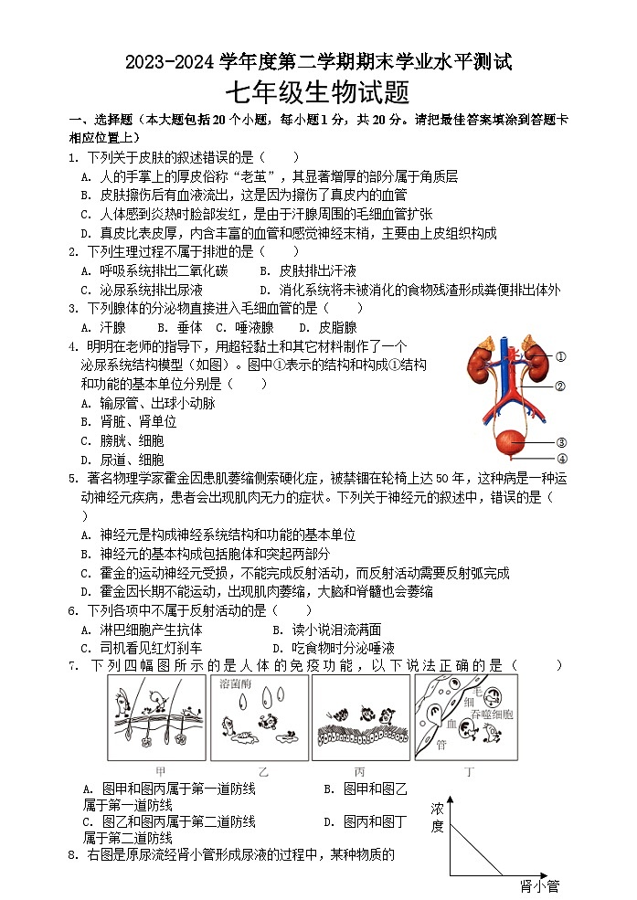 （教研室提供）山东省菏泽市巨野县2023-2024学年七年级下学期期末考试生物试题第1页