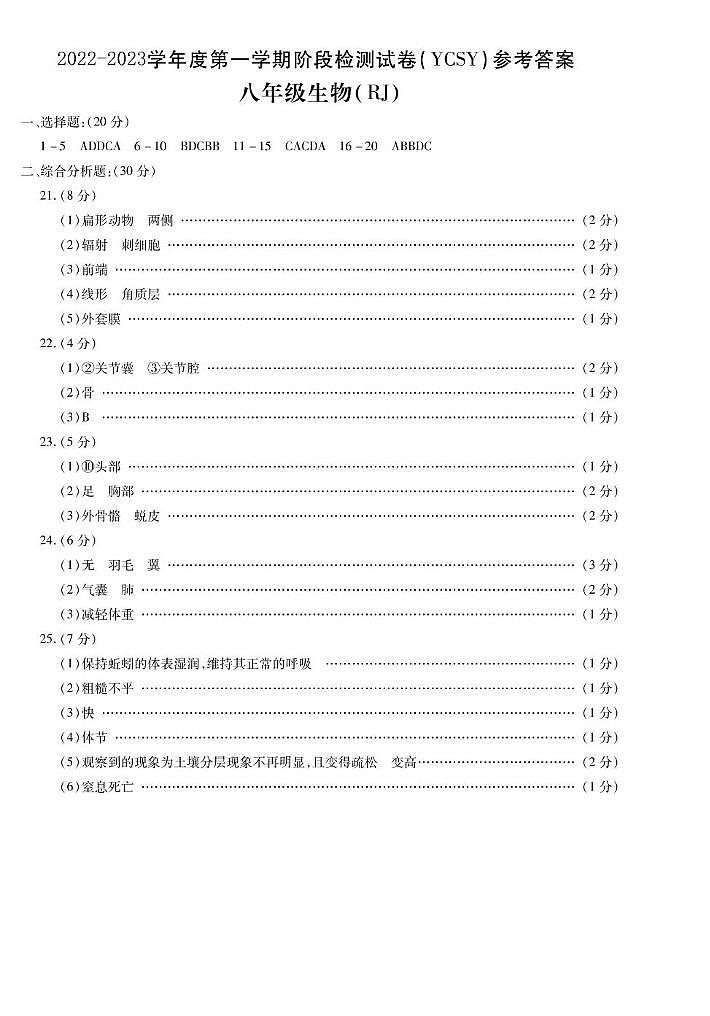 河南省永城市实验中学2022-2023学年八年级上学期期中生物 河南省永城市实验中学2022-2023学年八年级上学期期中生物答案第1页