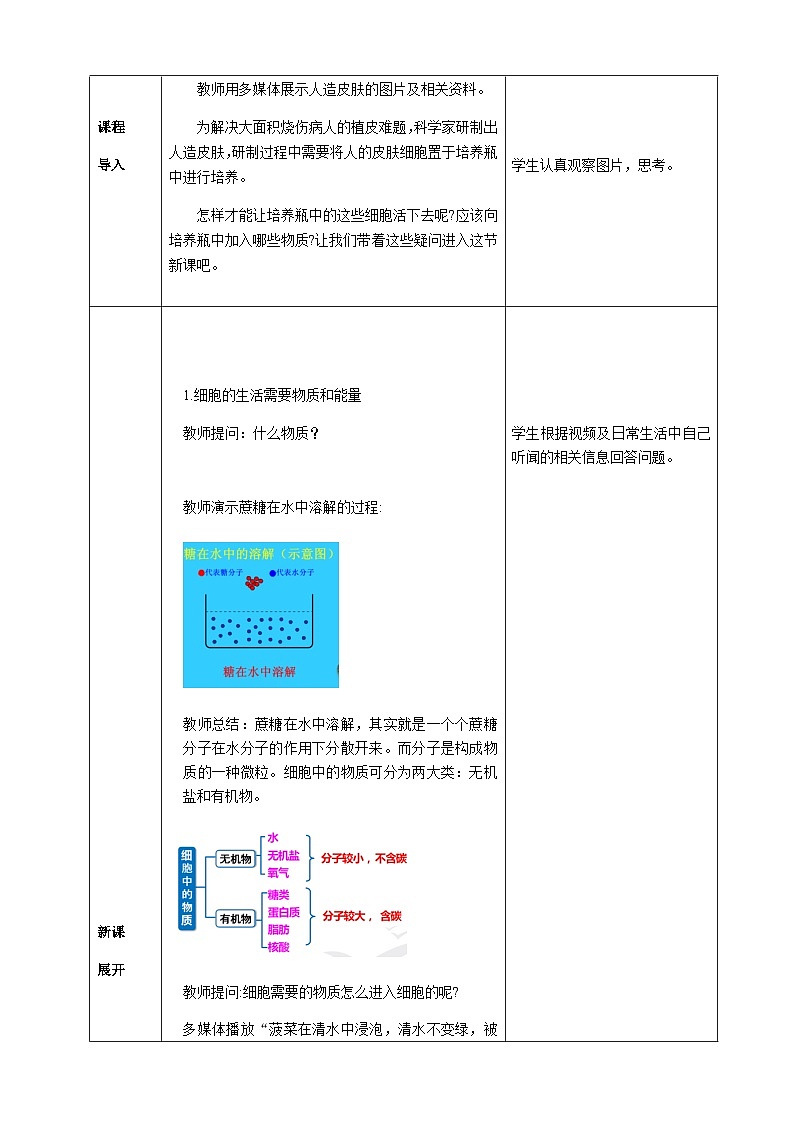 人教2024版生物七年级上册 第一单元 第2章 第四节 细胞的生活 PPT课件+教案03