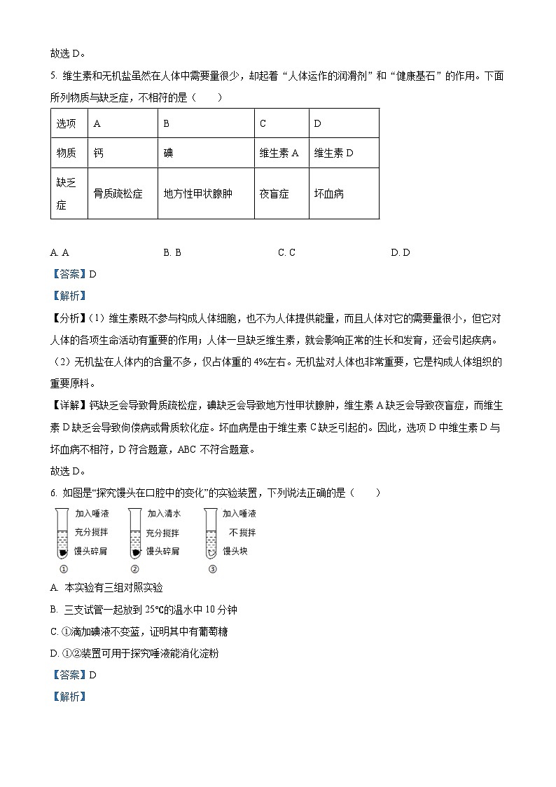 山东省临沂市沂南县2023-2024学年七年级下学期期末生物试题（解析版）第3页