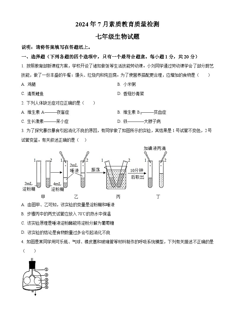 山东省菏泽市曹县2023-2024学年七年级下学期期末生物学试题（原卷版）第1页