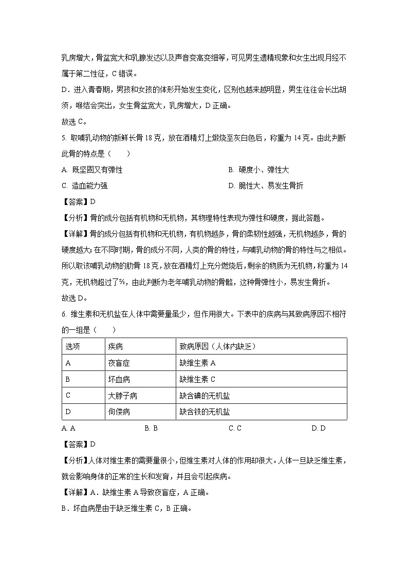 [生物][期末]湖南省双牌县2023-2024学年七年级下学期期末试题(解析版)第3页