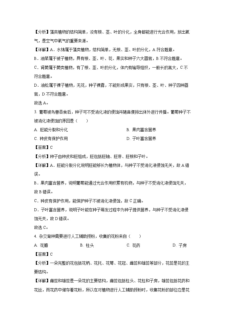 [生物]2024年湖南省长沙市初中学业水平模拟考试试题(解析版)02